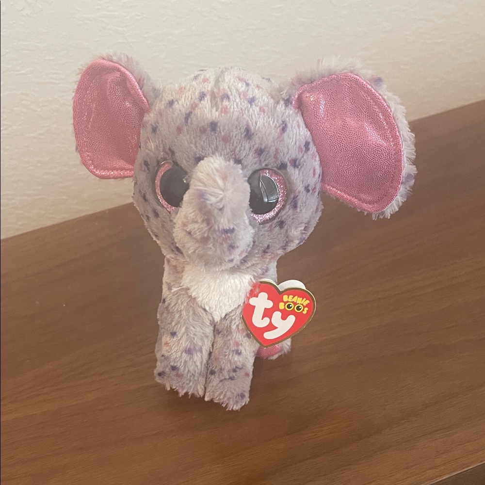 Ty Beanie Boo Elephant with Pink Ears and Speckled Fur